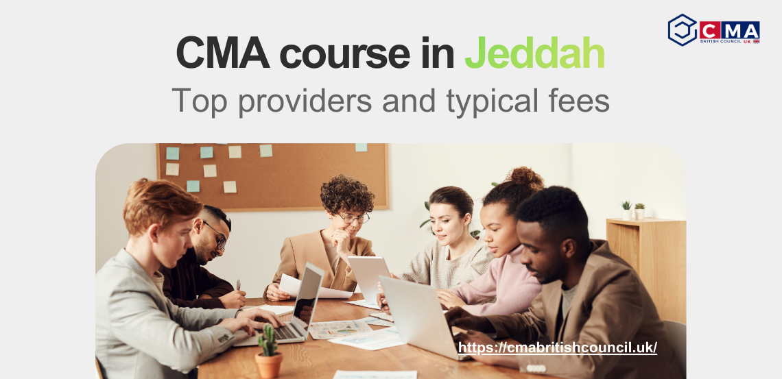 CMA course in jeddah A group of professionals collaborating at a table, discussing the CMA course options in Jeddah, with a focus on providers and fees.