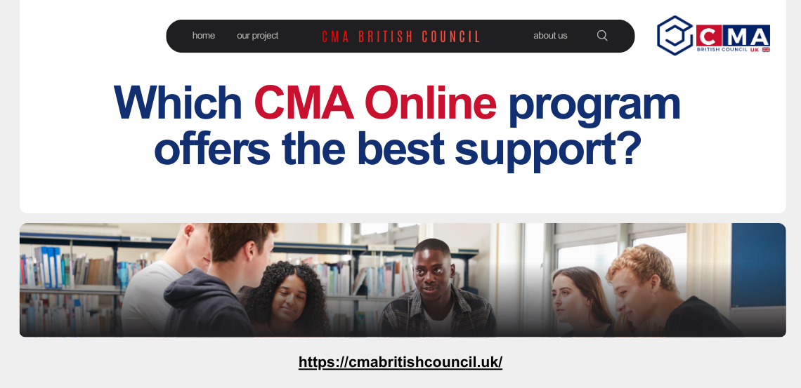 CMA online program A group of students engages in discussion in a study area, with shelves of books visible in the background. Text prompts about CMA Online programs.