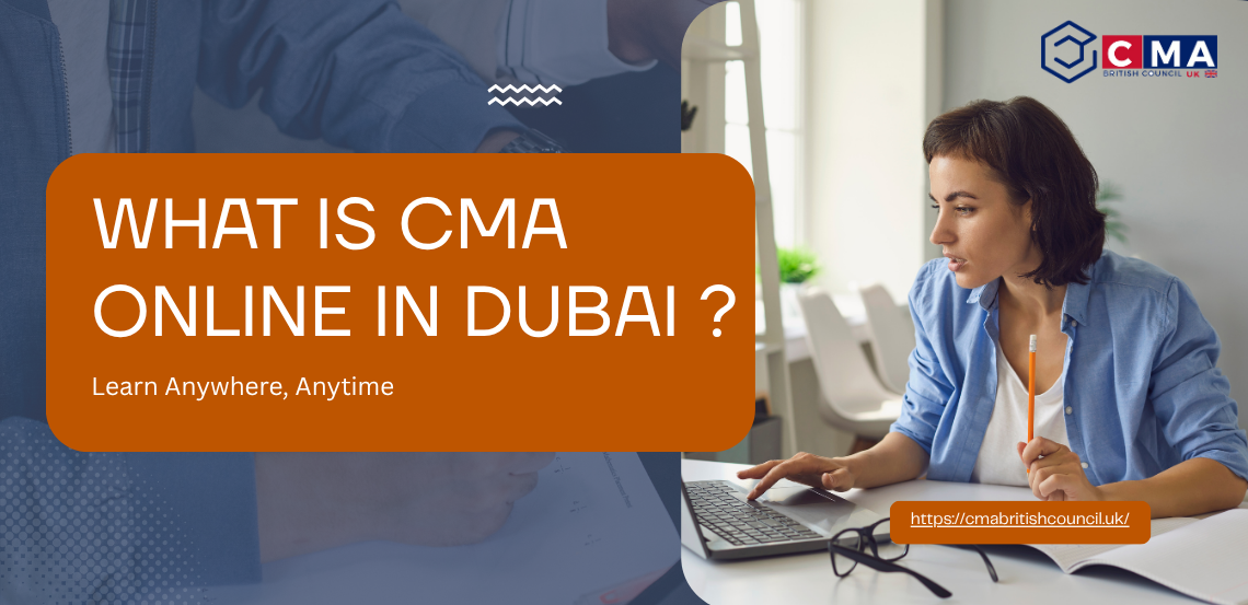 cma online in dubai A woman sitting at a desk using a laptop, with text on the screen that reads "WHAT IS CMA ONLINE IN DUBAI? Learn Anywhere, Anytime." The setting is indoors and she is dressed in professional attire.