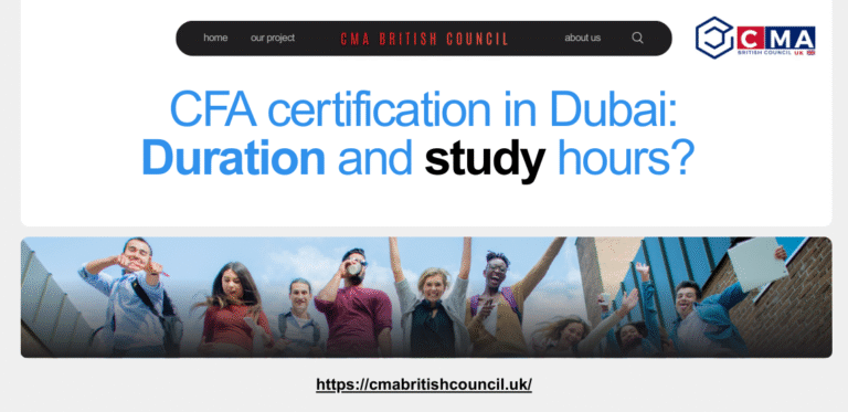 CFA certification in Dubai A diverse group of students stands outdoors, discussing CFA certification in Dubai, with a bold title highlighting study duration.